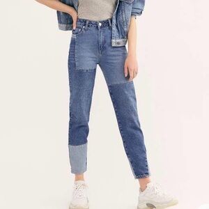Free People High Rise Straight Leg Mom Jeans Patchwork 100% Cotton 26